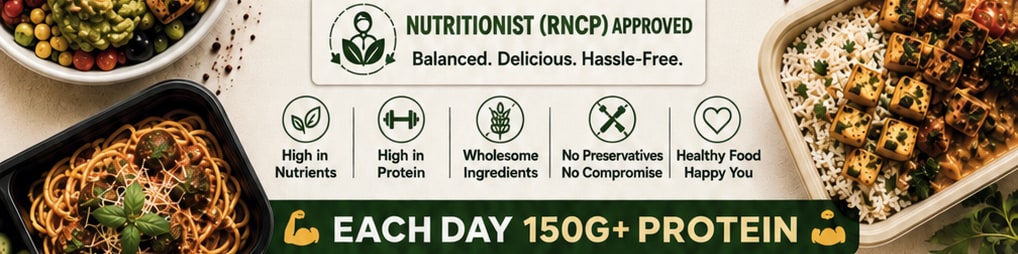 Nutritionist (RNCP) approved. Balanced. Delicious. Hassle-free. High in nutrients, high in protein, wholesome ingredients, no preservatives, healthy food. Each day 150 g+ protein.